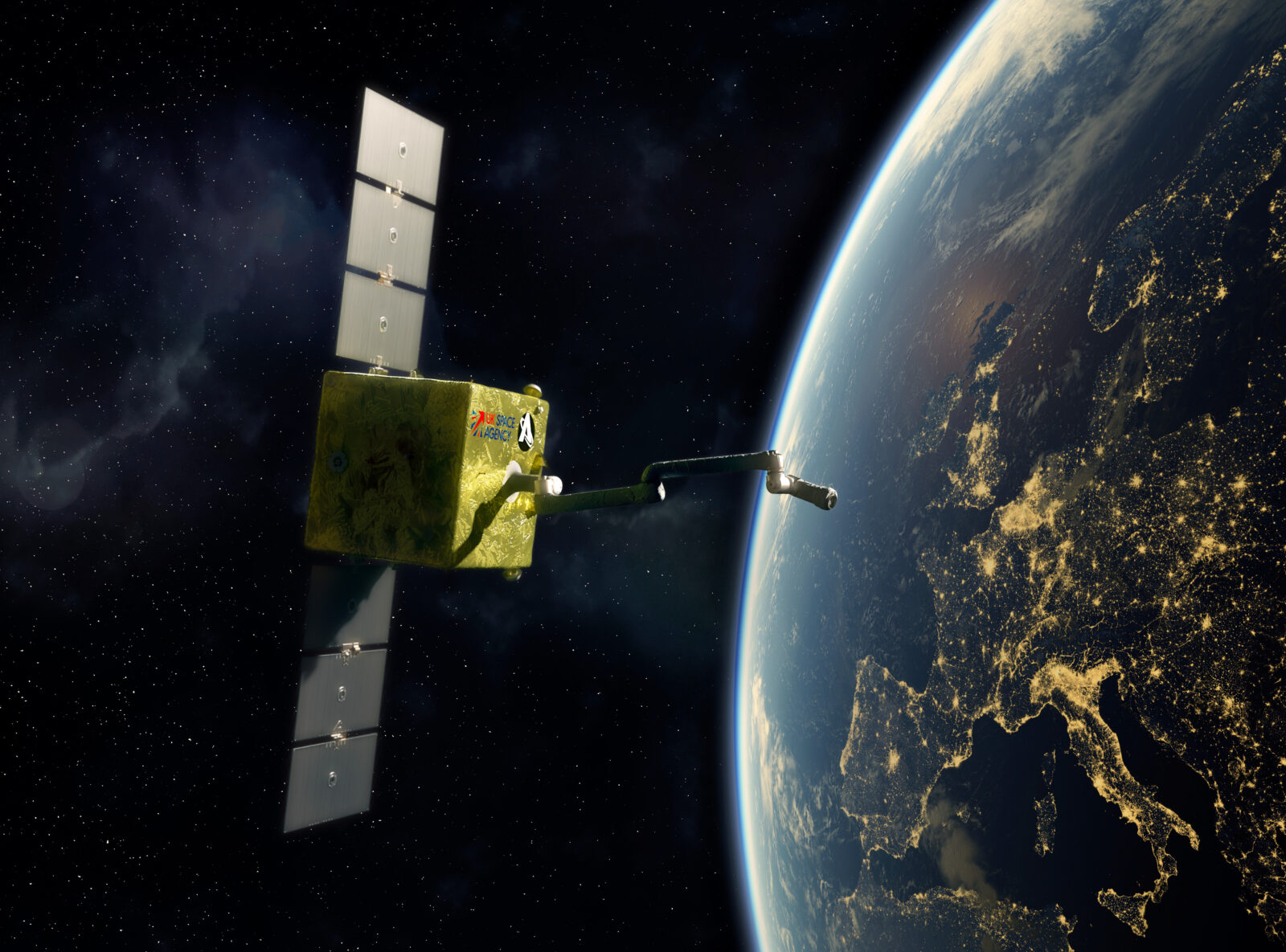 CG image of the COSMIC debris-removal spacecraft above Earth with its robotic arm extended